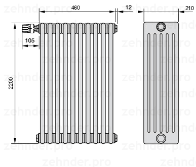 Схема (чертеж) Радиатор Zehnder Charleston 6220/10 №V012 Белый глянцевый RAL 9016